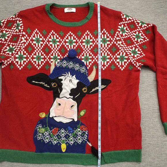 Festive Cow Holiday Christmas Sweater Size 2XL Red Blue Ugly Xmas Knit Pullover - Picture 12 of 15